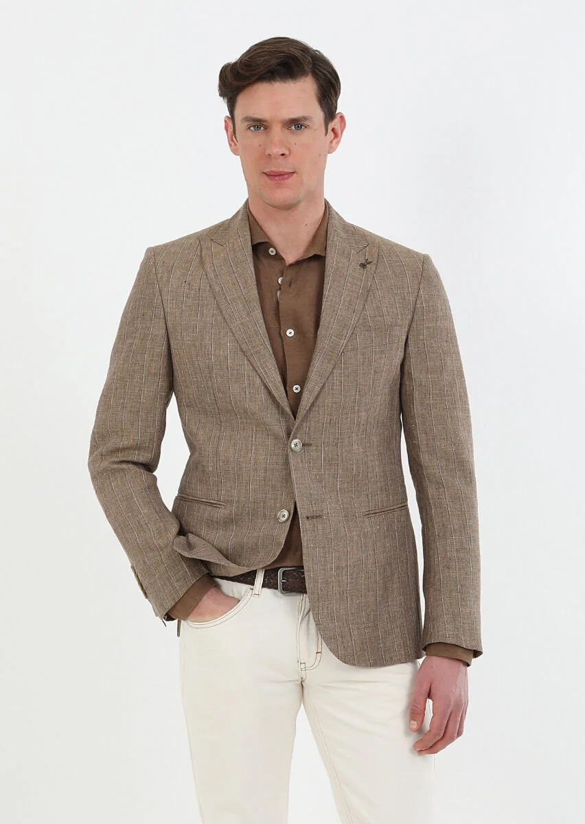 Light Brown Striped Zeroweight Slim Fit 100% Linen Jacket - 3