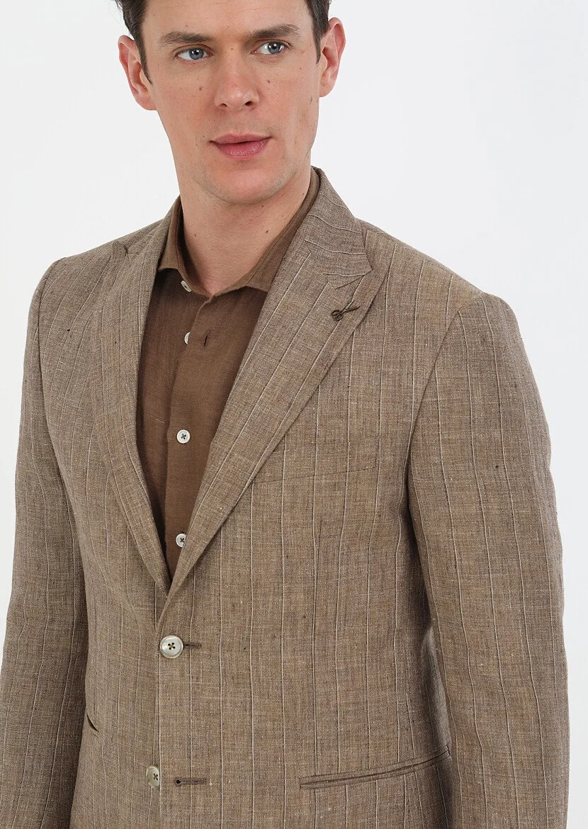 Light Brown Striped Zeroweight Slim Fit 100% Linen Jacket - 4