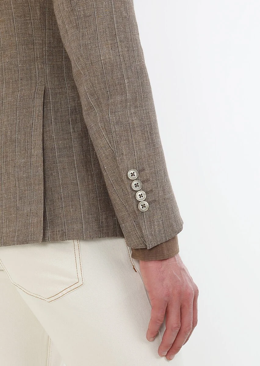 Light Brown Striped Zeroweight Slim Fit 100% Linen Jacket - 5