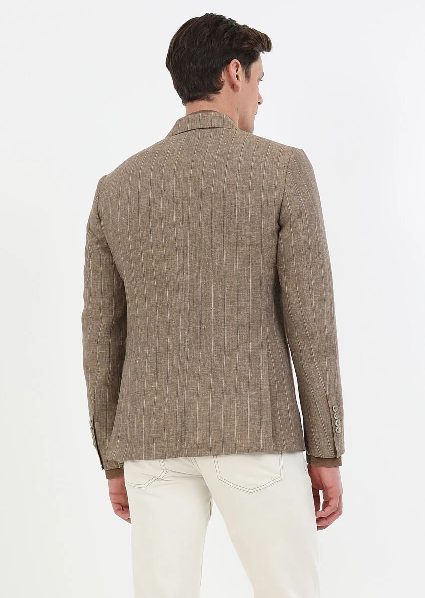 Light Brown Striped Zeroweight Slim Fit 100% Linen Jacket - 7
