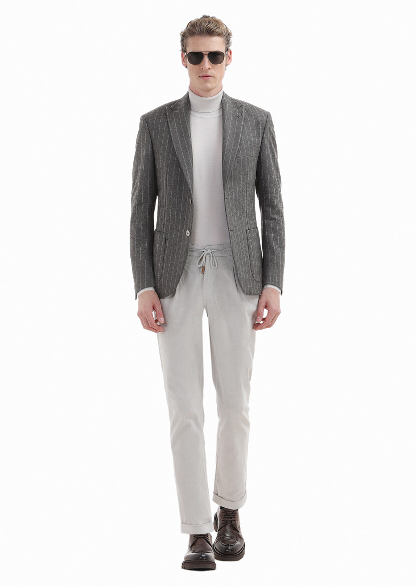 Light Brown Striped Zeroweight Slim Fit 100% Wool Jacket - 1