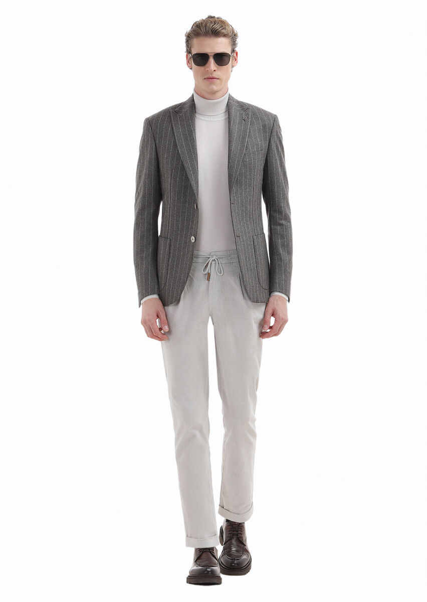 Light Brown Striped Zeroweight Slim Fit 100% Wool Jacket - 1