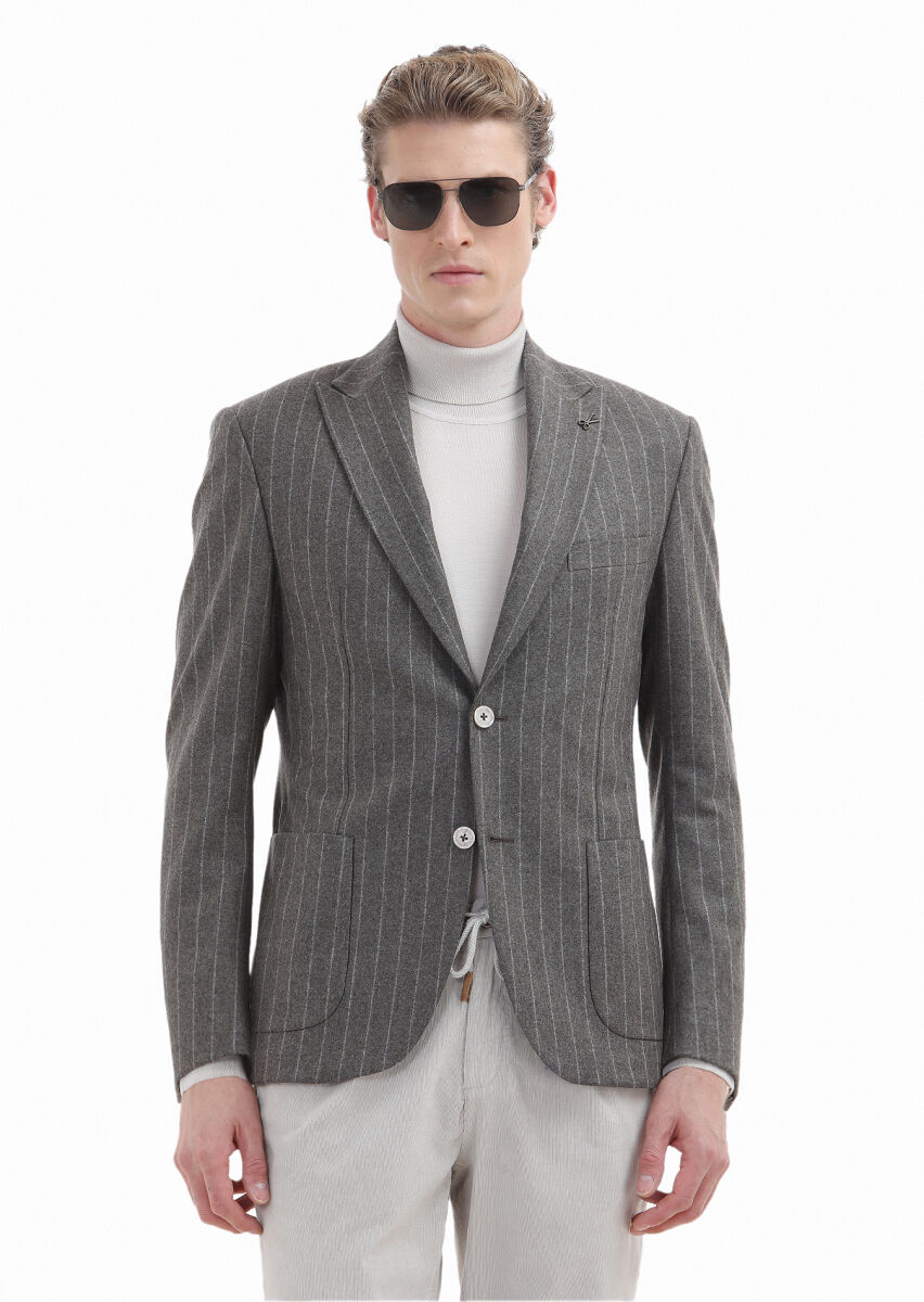 Light Brown Striped Zeroweight Slim Fit 100% Wool Jacket - 2