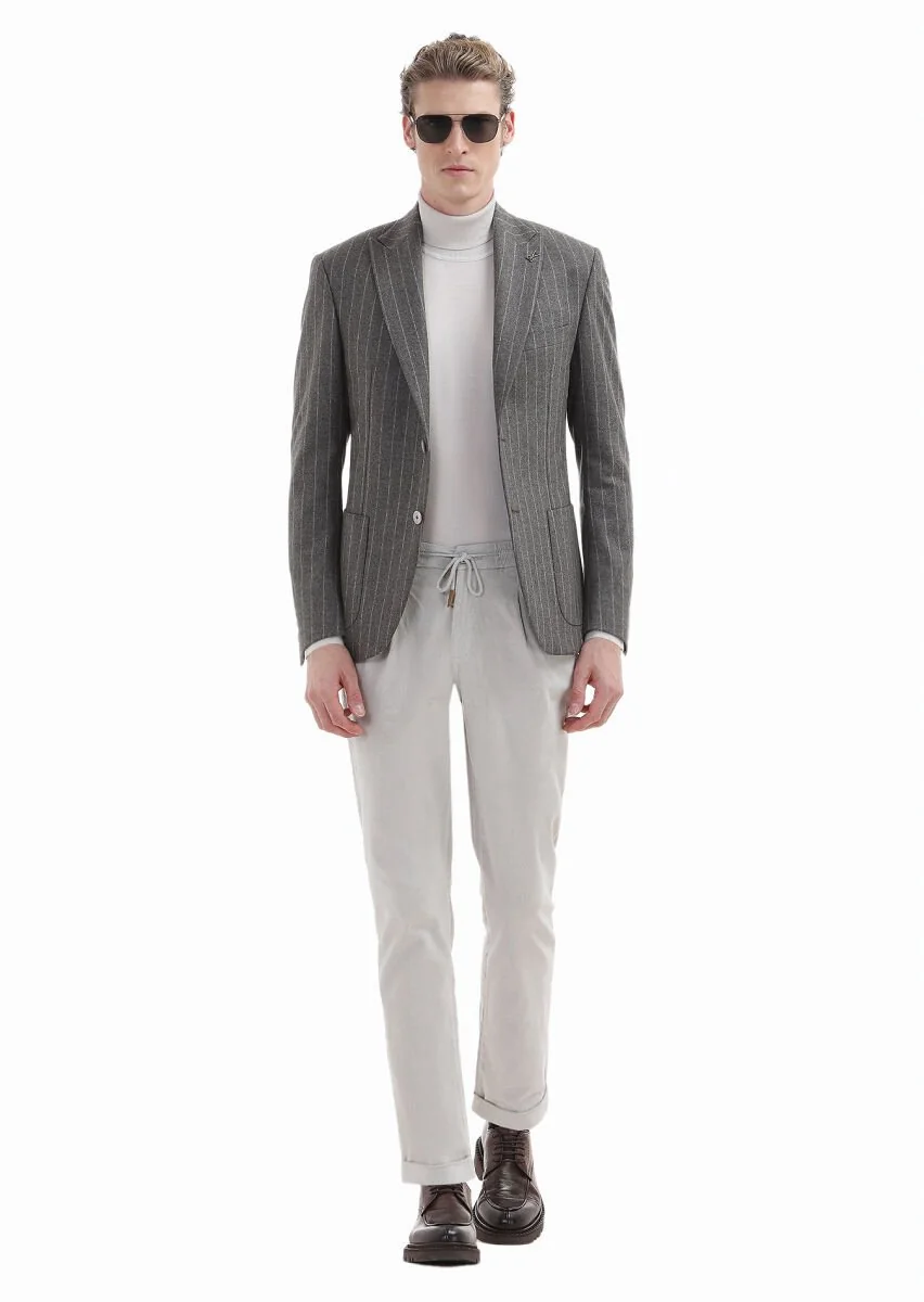 Light Brown Striped Zeroweight Slim Fit 100% Wool Jacket - 1