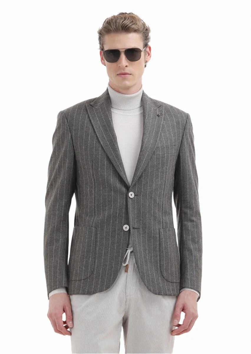 Light Brown Striped Zeroweight Slim Fit 100% Wool Jacket - 2