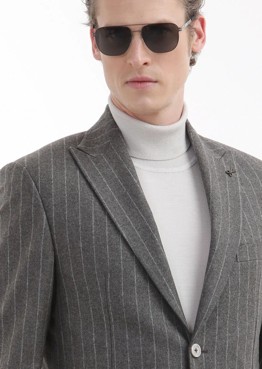 Light Brown Striped Zeroweight Slim Fit 100% Wool Jacket - 3