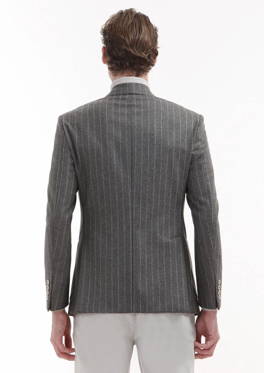 Light Brown Striped Zeroweight Slim Fit 100% Wool Jacket - 5