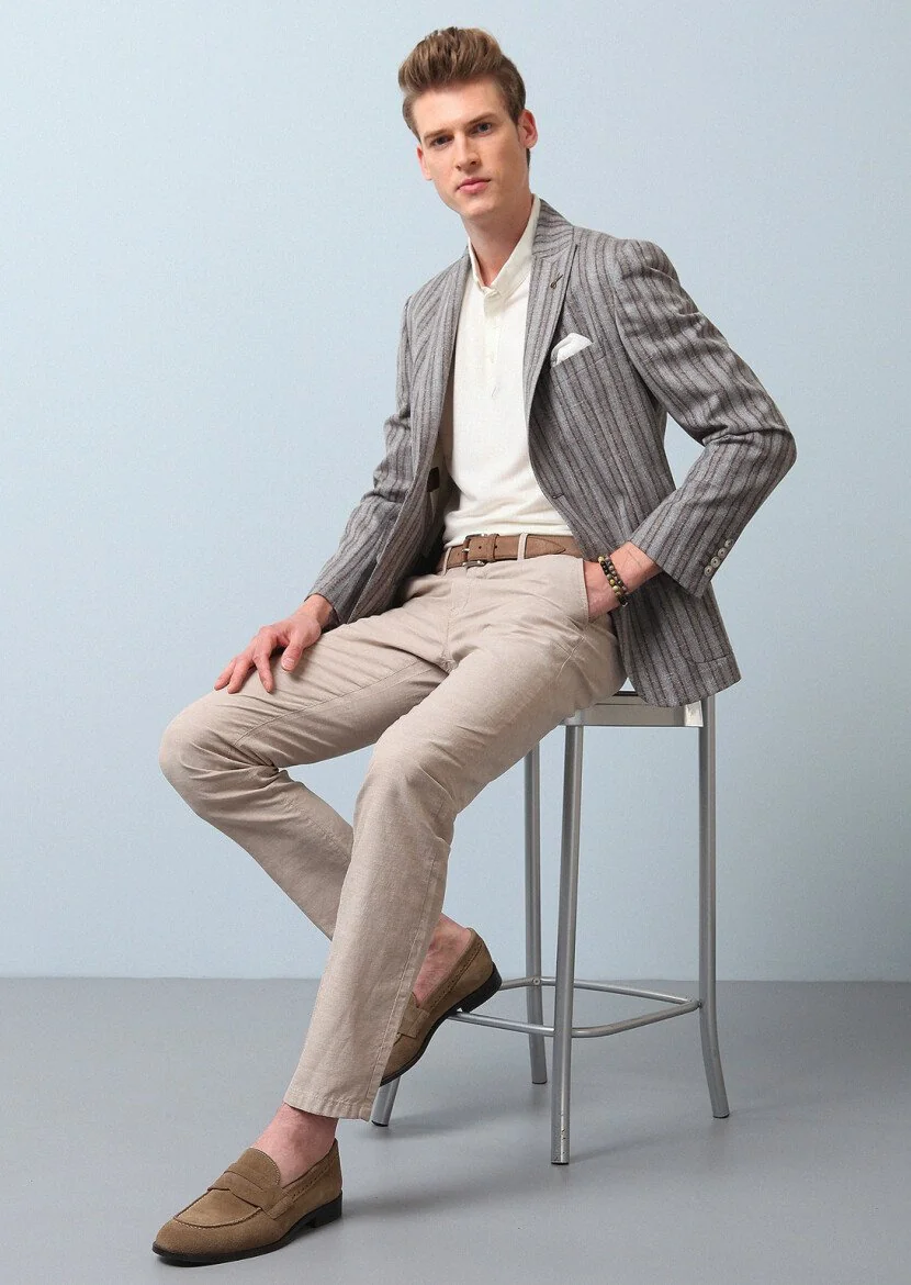 Light Brown Striped Zeroweight Slim Fit Wool Blended Jacket - 1