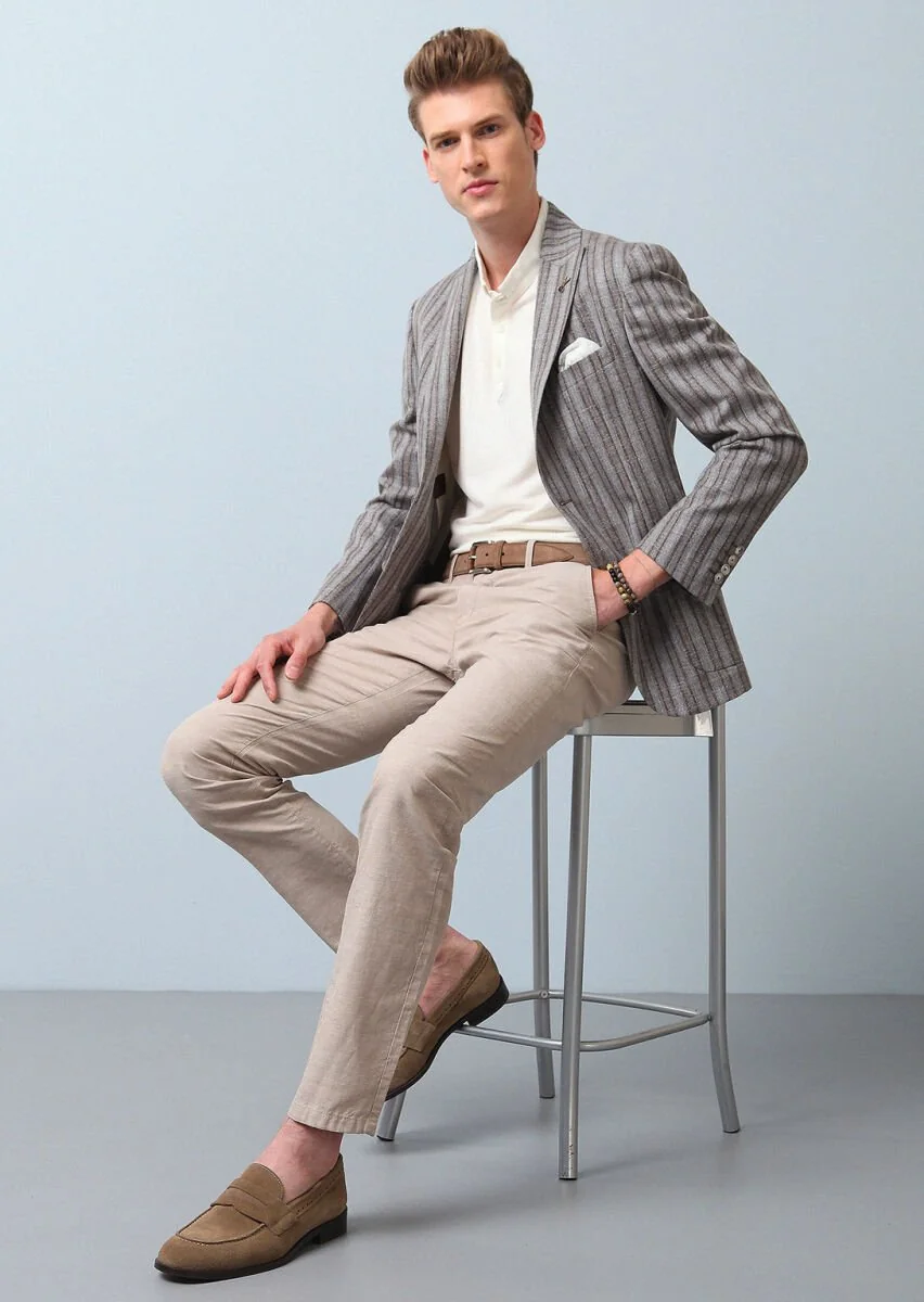 Light Brown Striped Zeroweight Slim Fit Wool Blended Jacket - 1