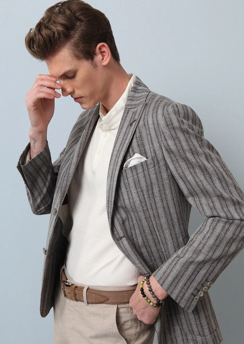 Light Brown Striped Zeroweight Slim Fit Wool Blended Jacket - 2