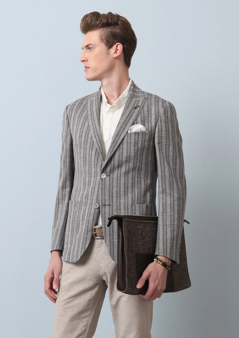 Light Brown Striped Zeroweight Slim Fit Wool Blended Jacket - 3