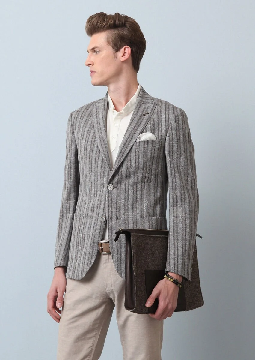 Light Brown Striped Zeroweight Slim Fit Wool Blended Jacket - 3