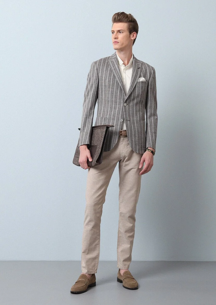 Light Brown Striped Zeroweight Slim Fit Wool Blended Jacket - 4