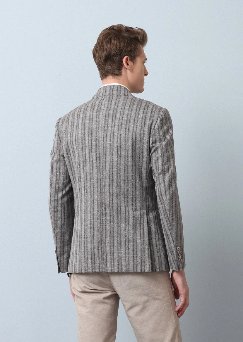Light Brown Striped Zeroweight Slim Fit Wool Blended Jacket - 5