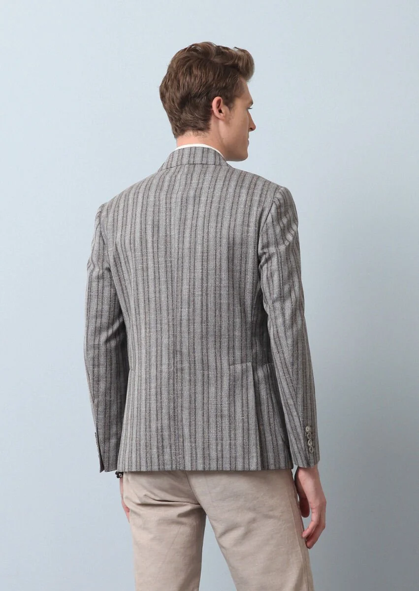 Light Brown Striped Zeroweight Slim Fit Wool Blended Jacket - 5