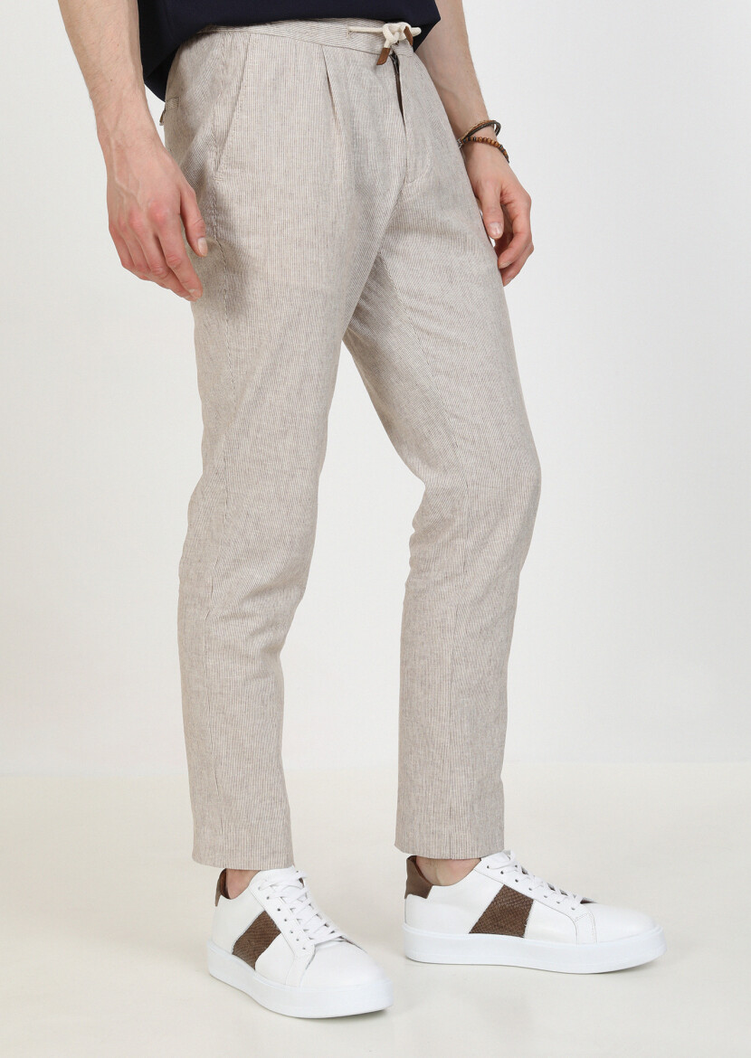 Light Brown Weaving Jogging Fit Casual Cotton Blended Trousers - 3