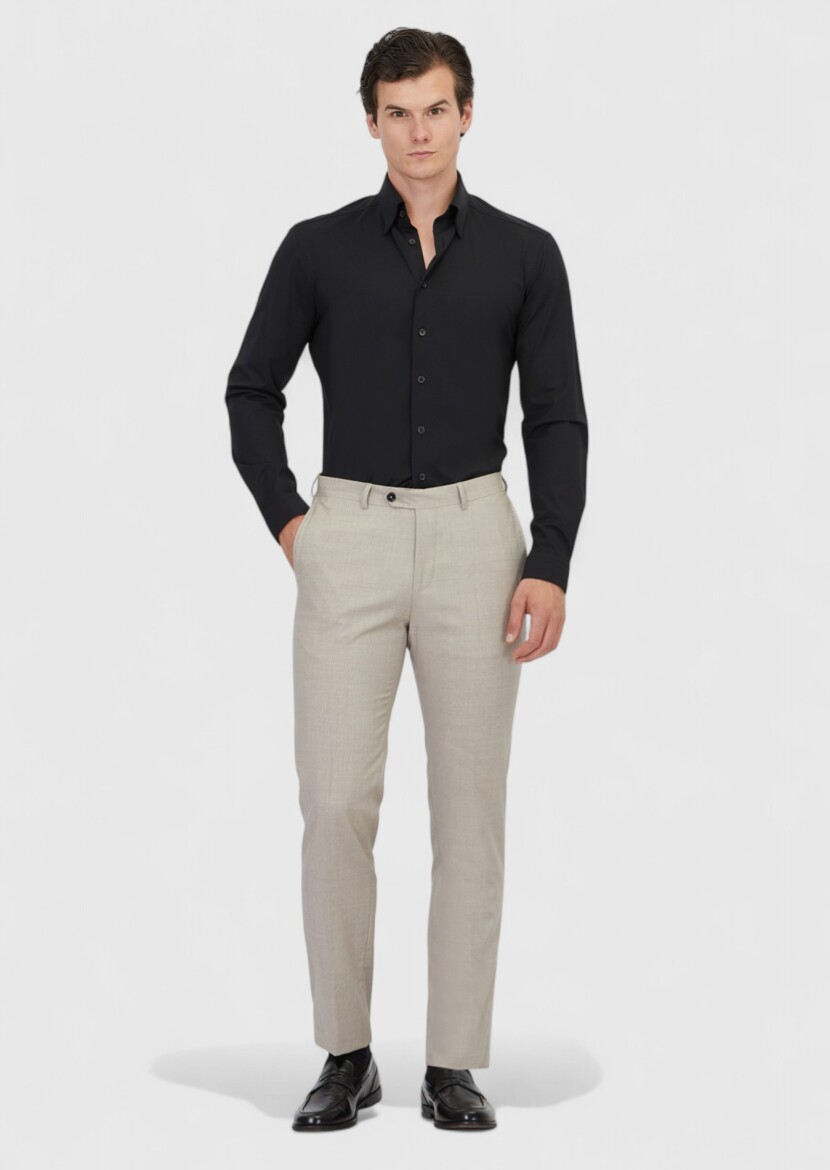 Light Brown Weaving Regular Fit Classical 100% Wool Trousers - 1