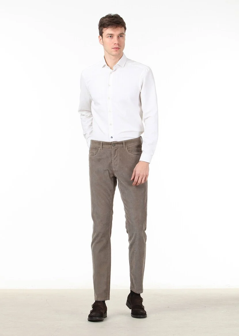 Light Brown Weaving Slim Fit Casual Cotton Blended Trousers 