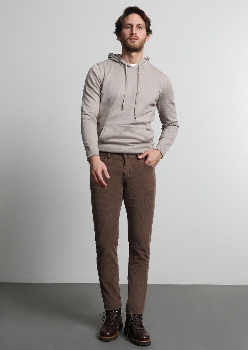 Light Brown Weaving Slim Fit Casual Cotton Blended Trousers - 1