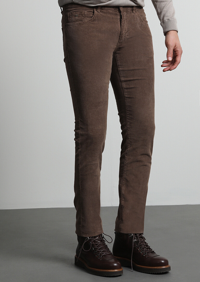 Light Brown Weaving Slim Fit Casual Cotton Blended Trousers - 2