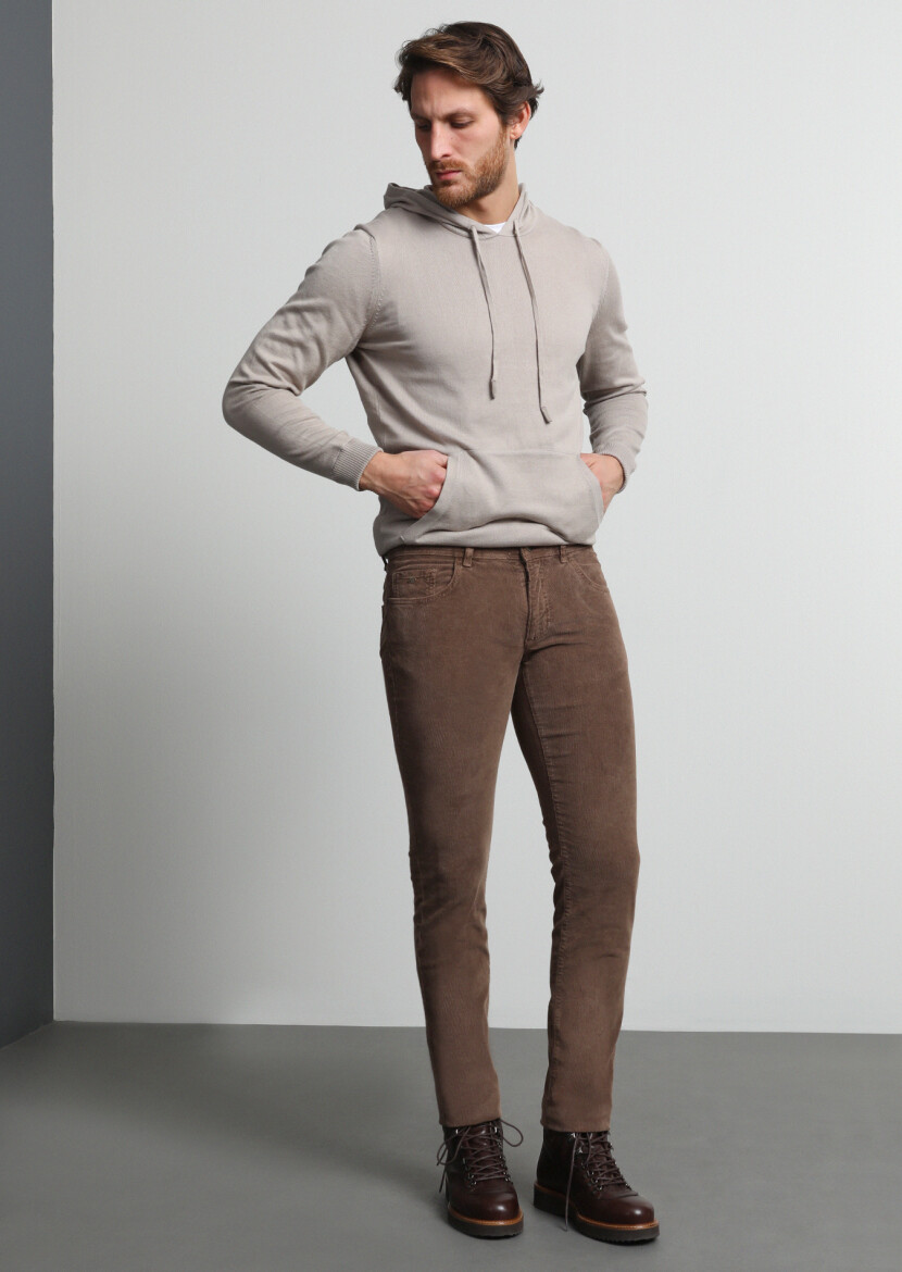 Light Brown Weaving Slim Fit Casual Cotton Blended Trousers - 3