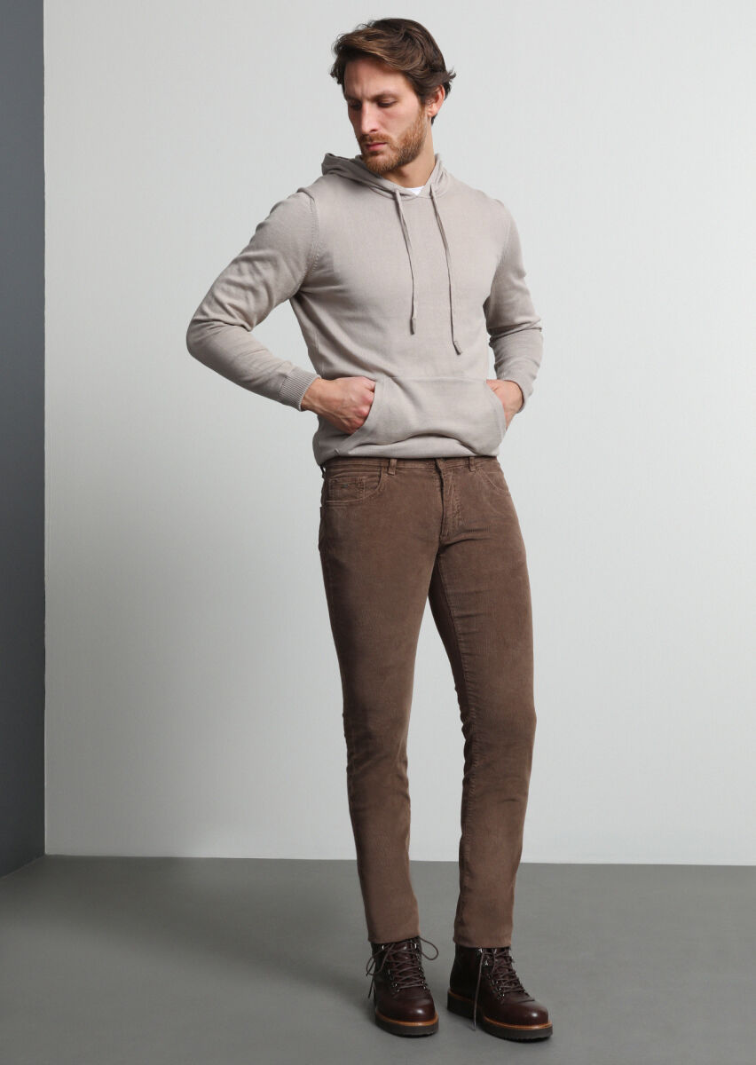 Light Brown Weaving Slim Fit Casual Cotton Blended Trousers - 3