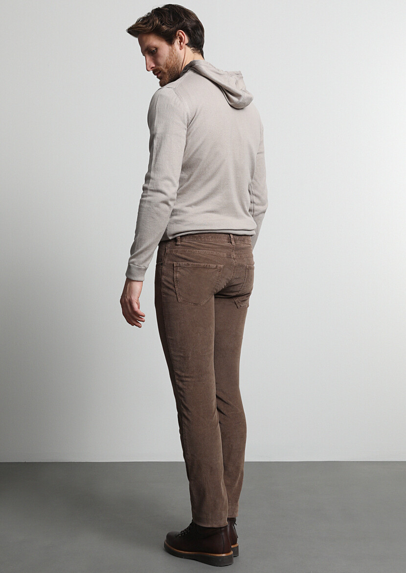 Light Brown Weaving Slim Fit Casual Cotton Blended Trousers - 4