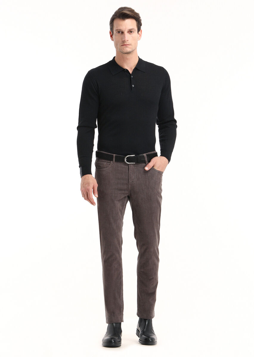 Light Brown Weaving Slim Fit Casual Cotton Blended Trousers - 1