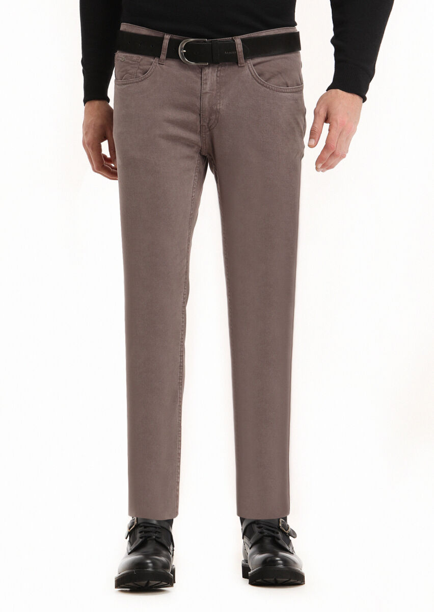 Light Brown Weaving Slim Fit Casual Cotton Blended Trousers - 1