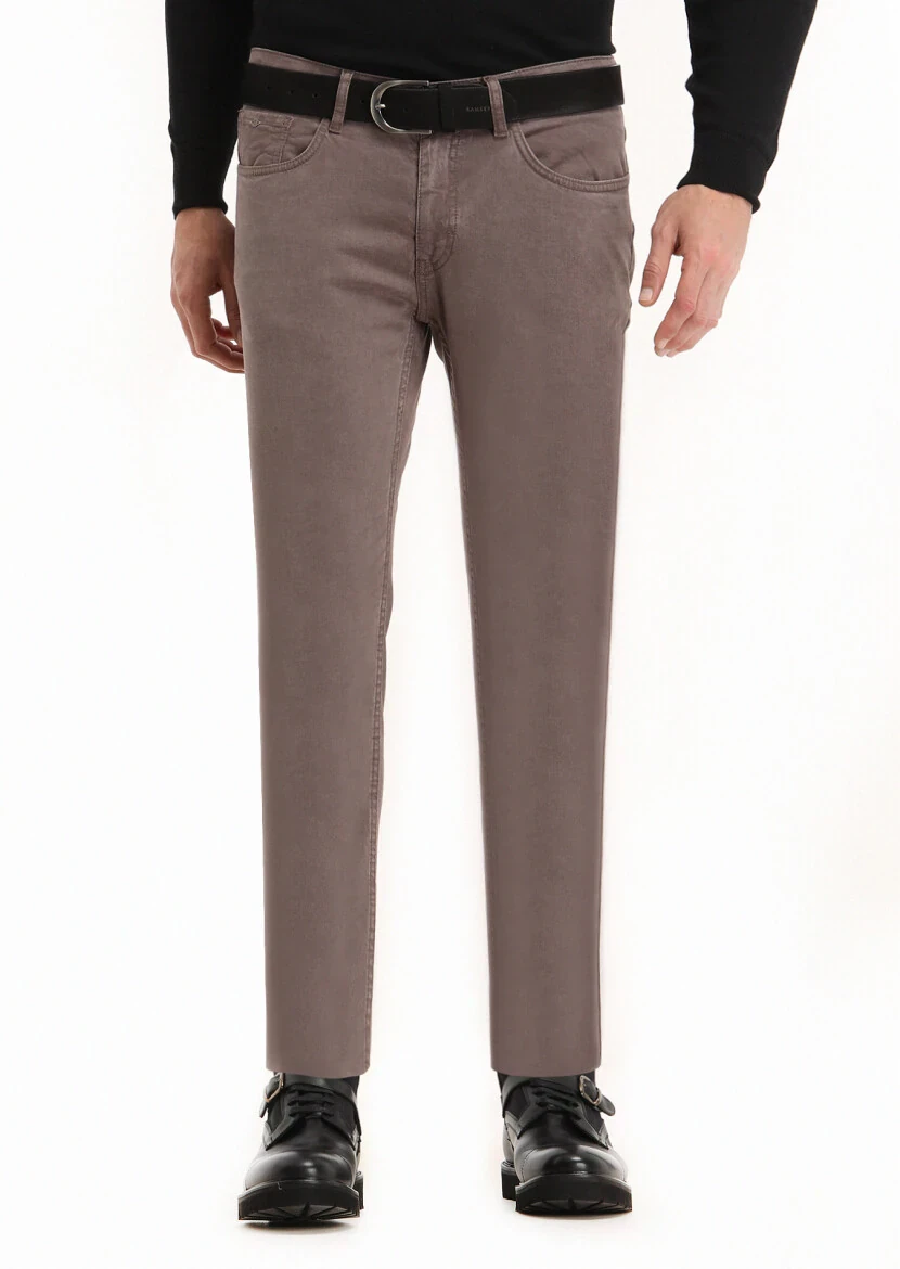 Light Brown Weaving Slim Fit Casual Cotton Blended Trousers - 1