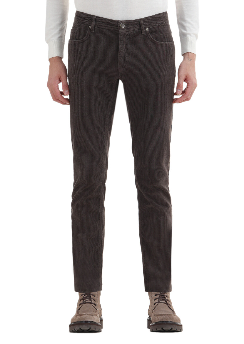 Light Brown Weaving Slim Fit Casual Cotton Blended Trousers 