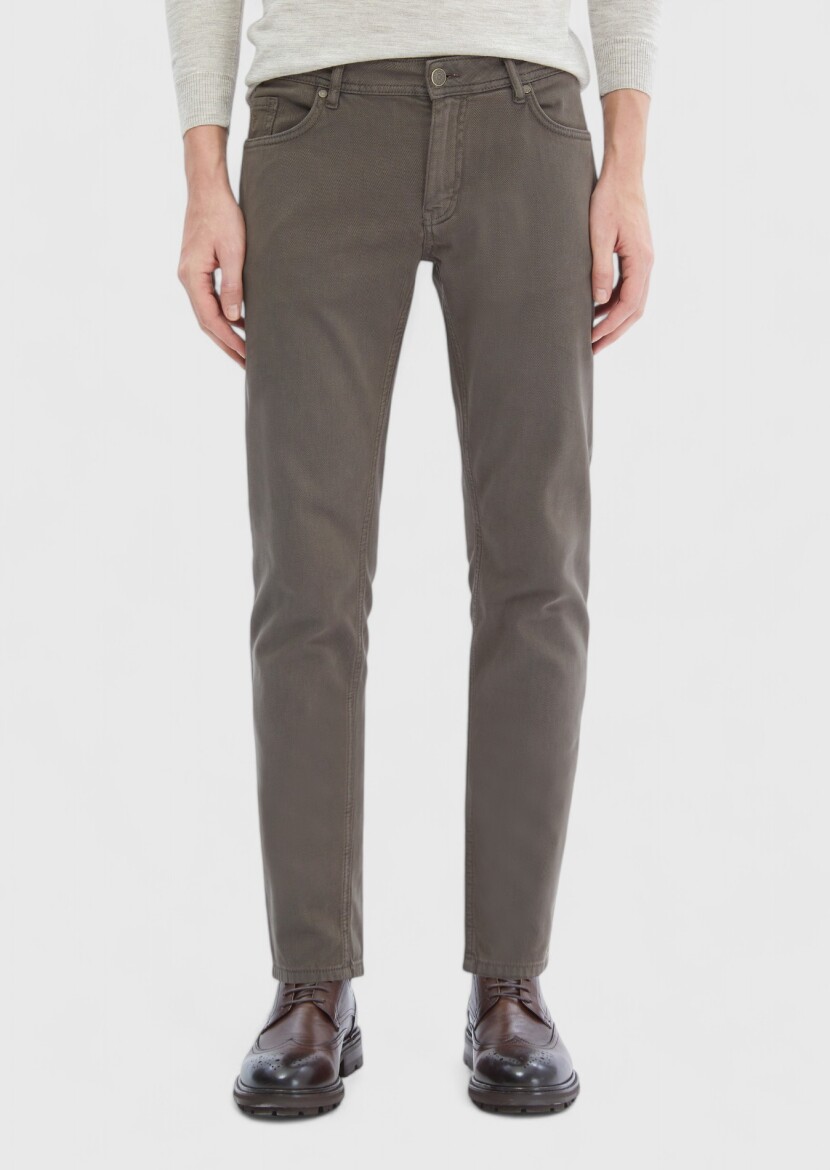 Light Brown Weaving Slim Fit Casual Cotton Blended Trousers 