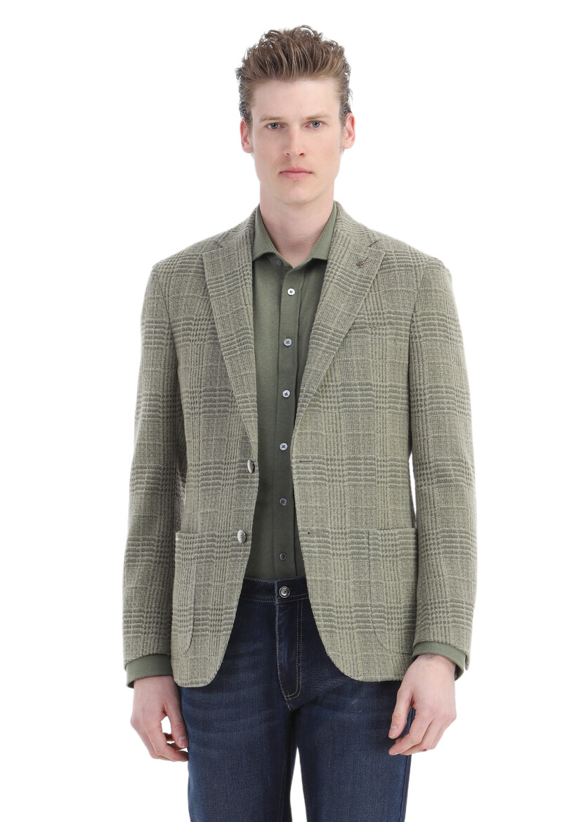 Light Green Checkered Shirt Shoulder Slim Fit Wool Blended Jacket - 1