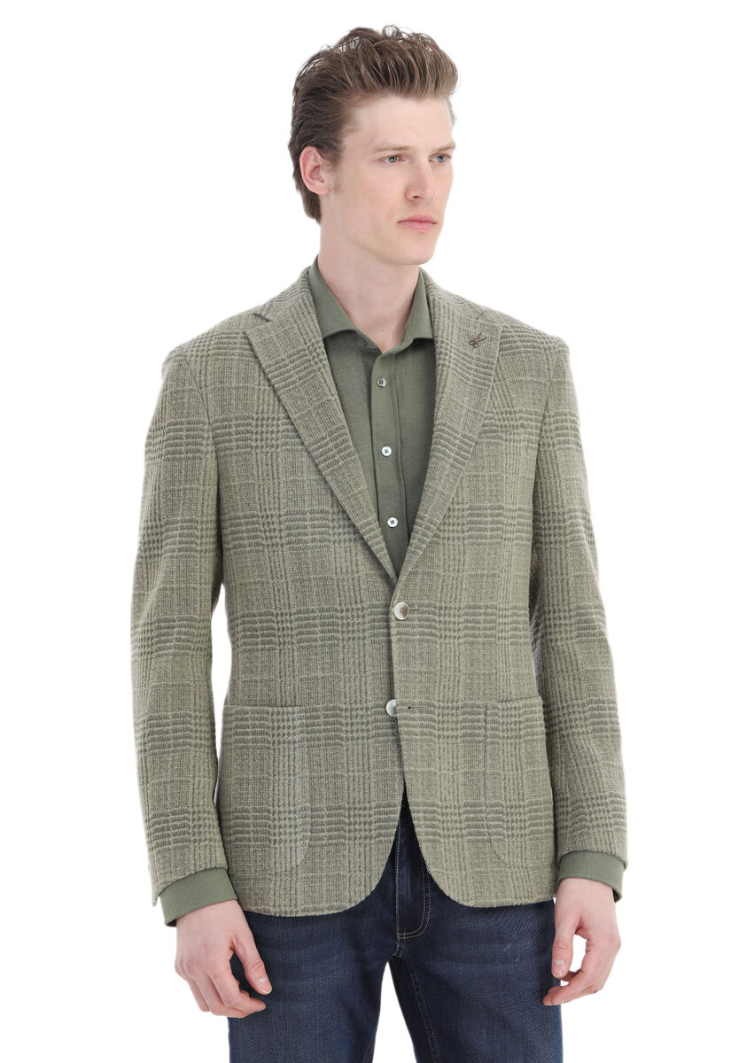 Light Green Checkered Shirt Shoulder Slim Fit Wool Blended Jacket - 3