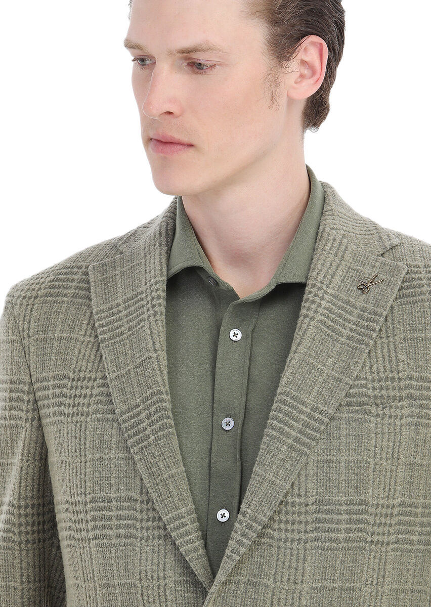 Light Green Checkered Shirt Shoulder Slim Fit Wool Blended Jacket - 4