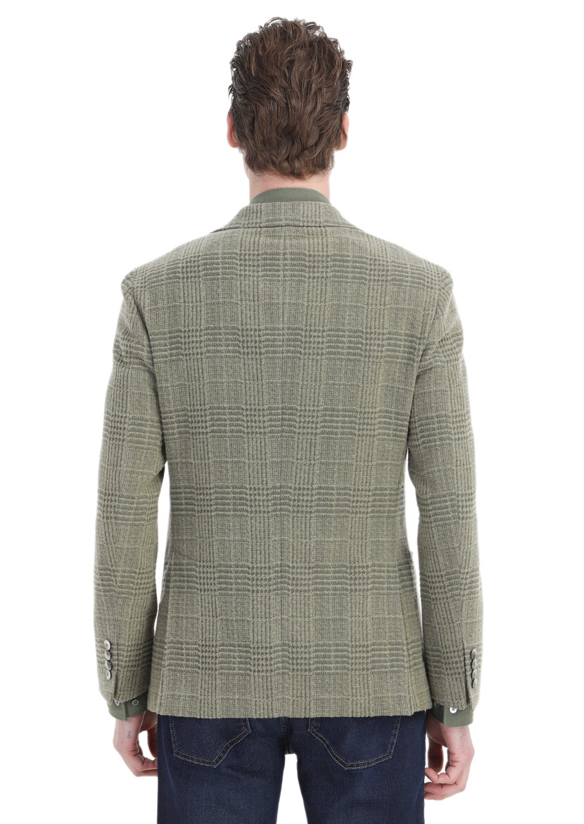 Light Green Checkered Shirt Shoulder Slim Fit Wool Blended Jacket - 6