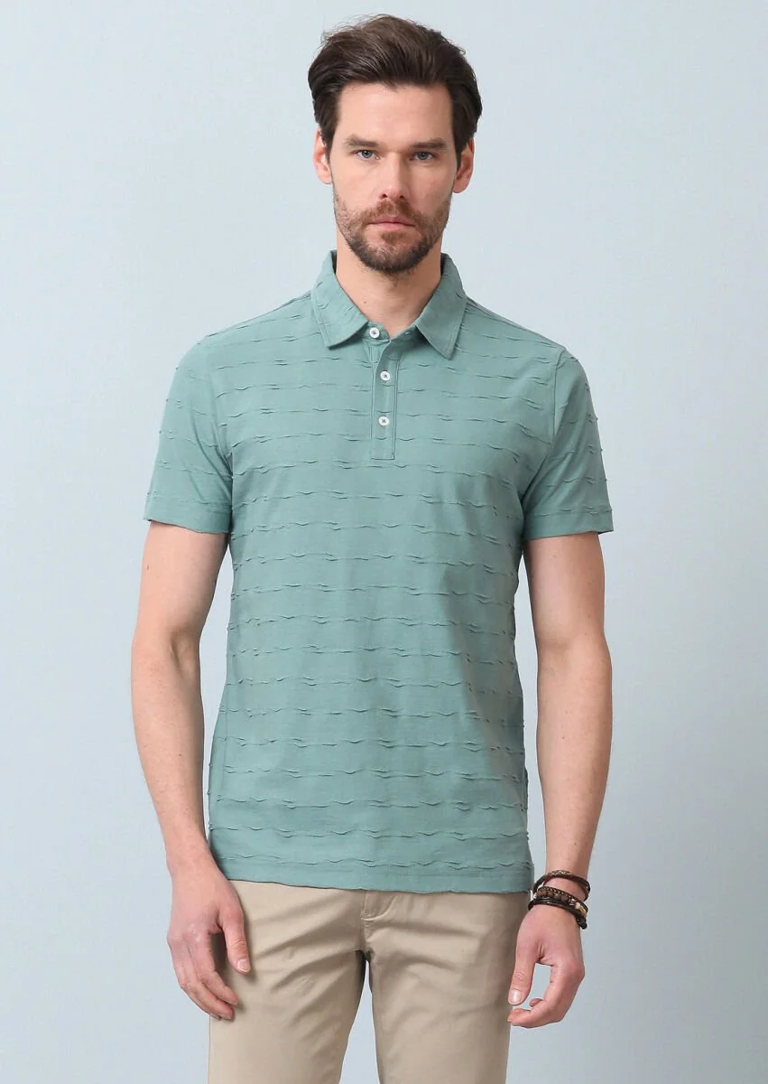 Light Green Jacquard Polo Neck 100% Cotton T-Shirt - 5