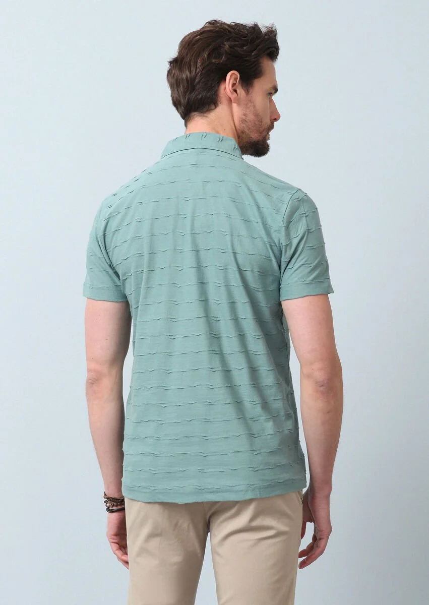 Light Green Jacquard Polo Neck 100% Cotton T-Shirt - 6