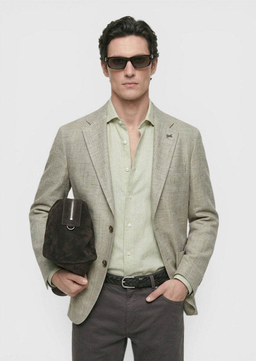 Light Green Patterned Shirt Shoulder Slim Fit Cotton Blended Jacket - RAMSEY