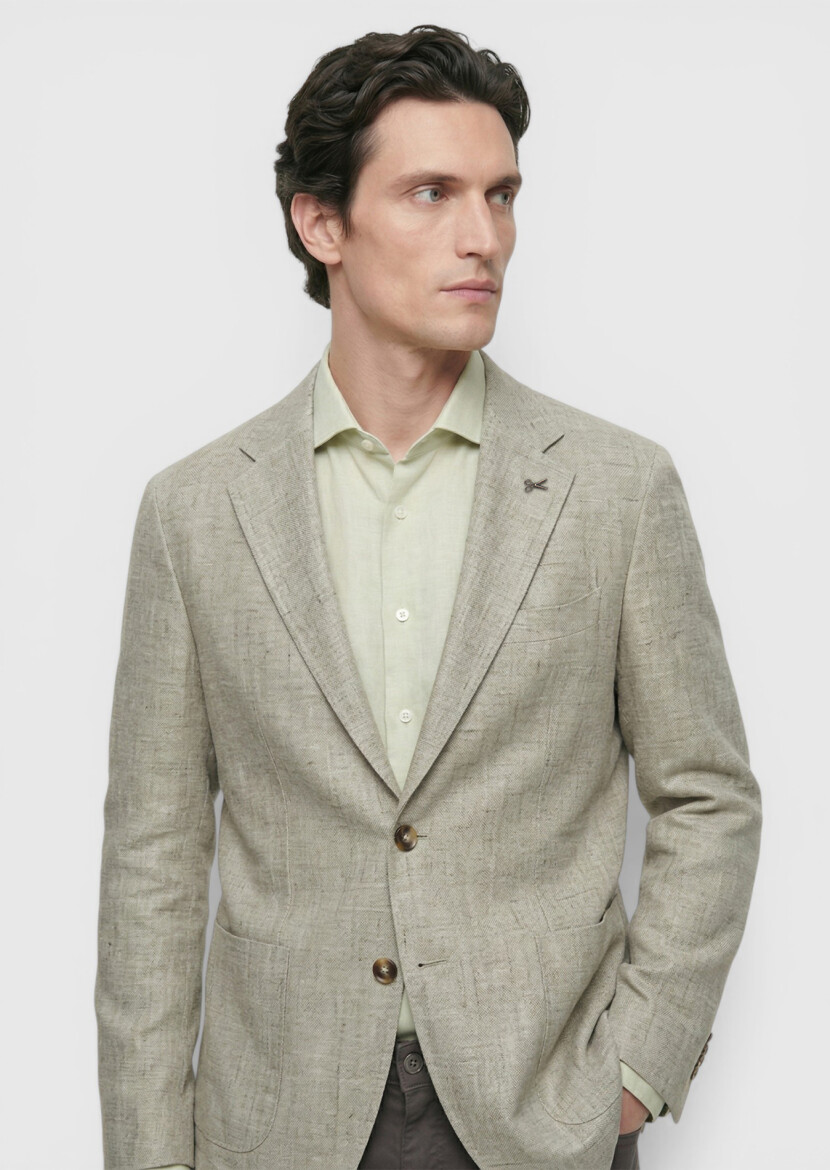 Light Green Patterned Shirt Shoulder Slim Fit Cotton Blended Jacket - RAMSEY