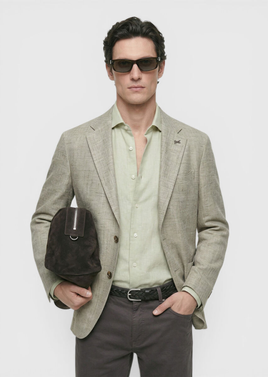 Light Green Patterned Shirt Shoulder Slim Fit Cotton Blended Jacket - 1