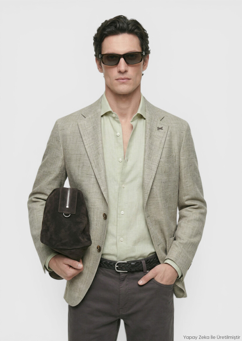 Light Green Patterned Shirt Shoulder Slim Fit Cotton Blended Jacket - RAMSEY