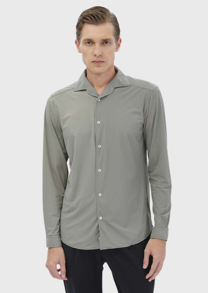 Light Green Plain Casual Fit Knitting Casual Shirt 