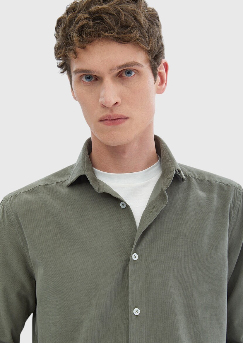 Light Green Plain Casual Fit Long Weaving Casual 100% Cotton Shirt - 3