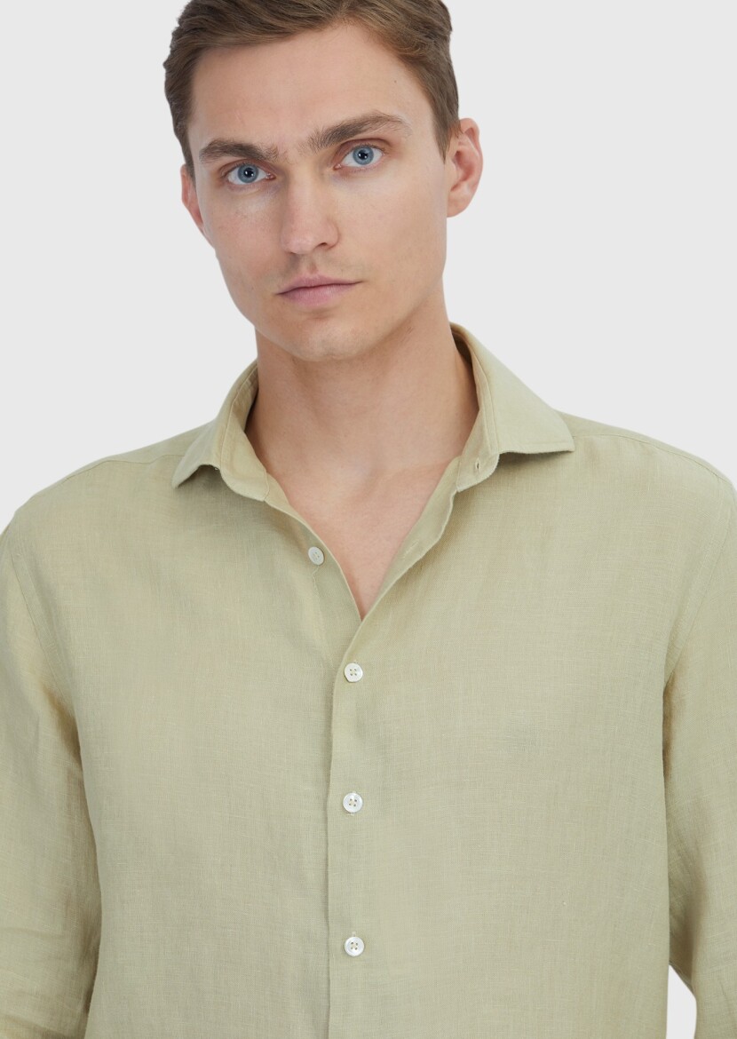 Light Green Plain Casual Fit Long Weaving Casual 100% Linen Shirt - 4
