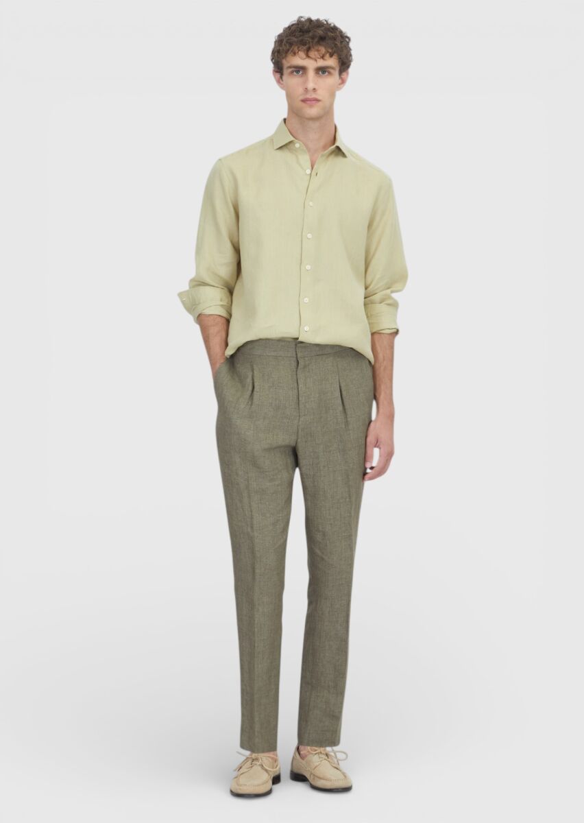 Light Green Plain Casual Fit Long Weaving Casual 100% Linen Shirt - 2