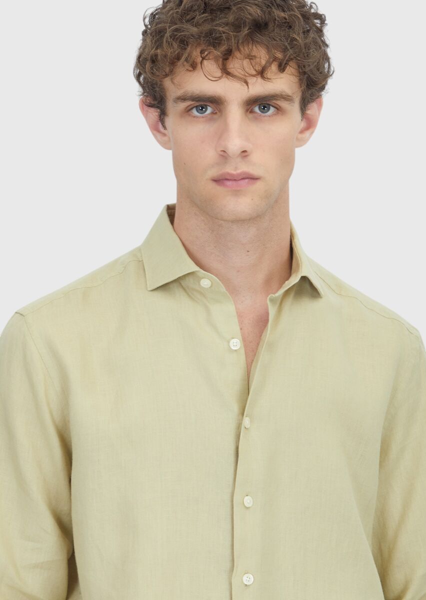 Light Green Plain Casual Fit Long Weaving Casual 100% Linen Shirt - 3