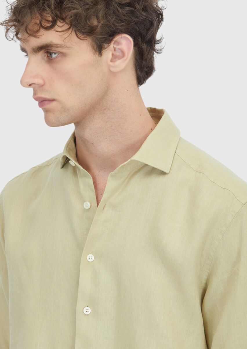 Light Green Plain Casual Fit Long Weaving Casual 100% Linen Shirt - 4