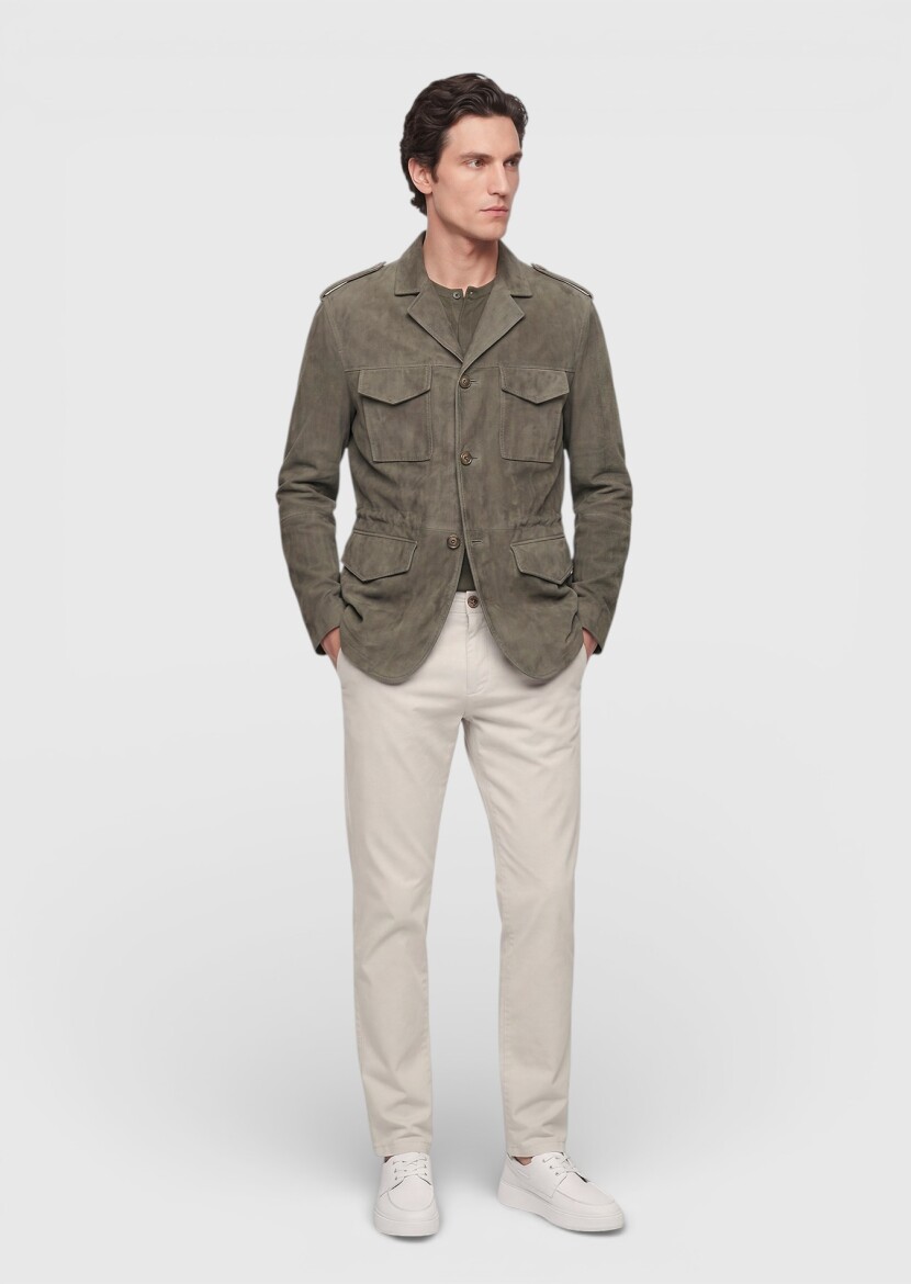 Light Green Plain Regular Fit Leather Jacket - RAMSEY