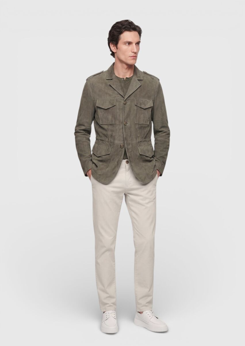 Light Green Plain Regular Fit Leather Jacket - 1